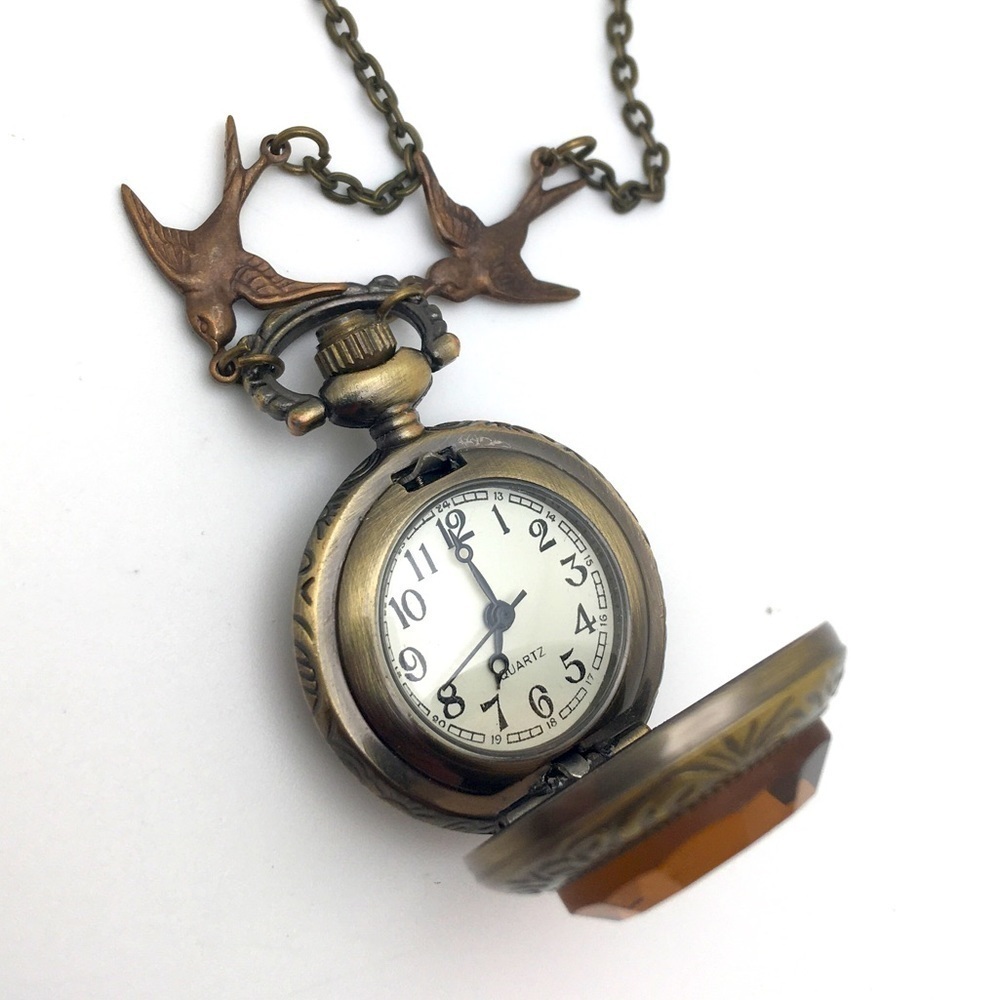 381MIDALANE Sepia Jewel Pocket Watch on Long Brass Charm Necklace-Handcrafted
